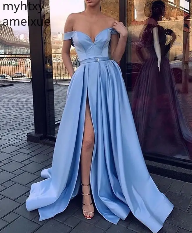 

2019 New Blue Gown Evening Dresses Long V-neck Sweep Train Short Floor-length Satin Natural The Shoulder Simple Robe De Soiree