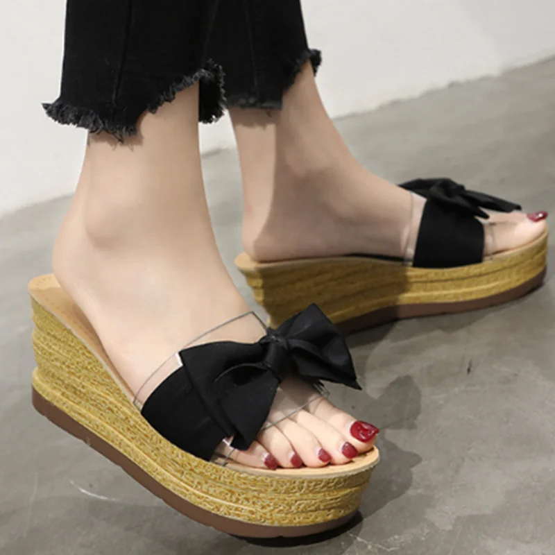 

Women Transparent Bow Slippers Open Toe Sandals Platform Beach Wedges Ladies Mules Wedding Flip Flops Slides Zapatos Mujer 1235W