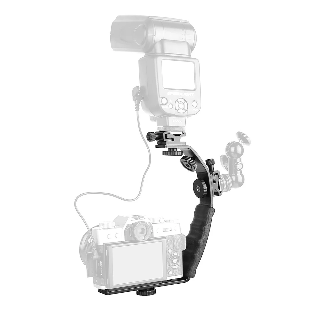 Universal Flash Camera Grip L Bracket with 2 Standard Side Hot Shoe Mount for Flash DSLR Video Light Camcorder Holder (3)