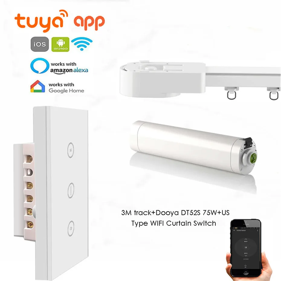 Tuya App Automatic Curtain Rail,Touch wifi Control,DT52S 75W Motor+3M or Less Track+US wifi Curtain Switch,for Google Home Alexa