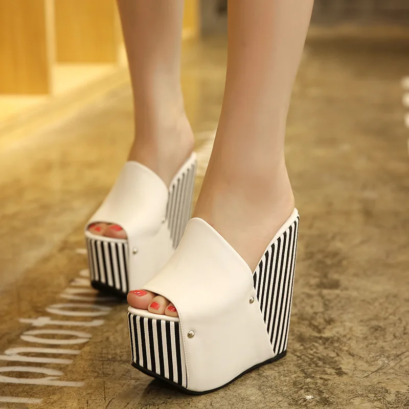

European Style Summer Shoes Slides High Heels Nightclub Sandals Pepp Toe Female 16CM Slippers Womens Striped Heels