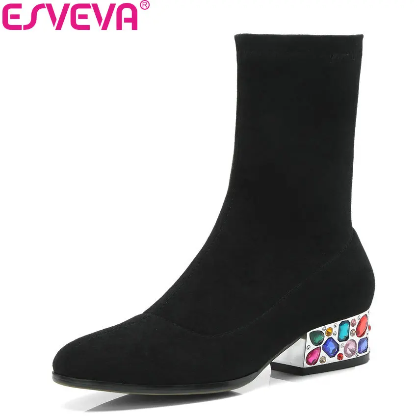 ESVEVA 2019 Women Boots Square Heels Mid-calf Boots Med Heels Slip on Autumn Shoes Round Toe Elegant Boots Woman Size 34-39 цена ESVEVA 2019 Women Boots Square Heels Mid-calf Boots Med Heels Slip on Autumn Shoes Round Toe Elegant Boots Woman Size 34-39 цены онлайн