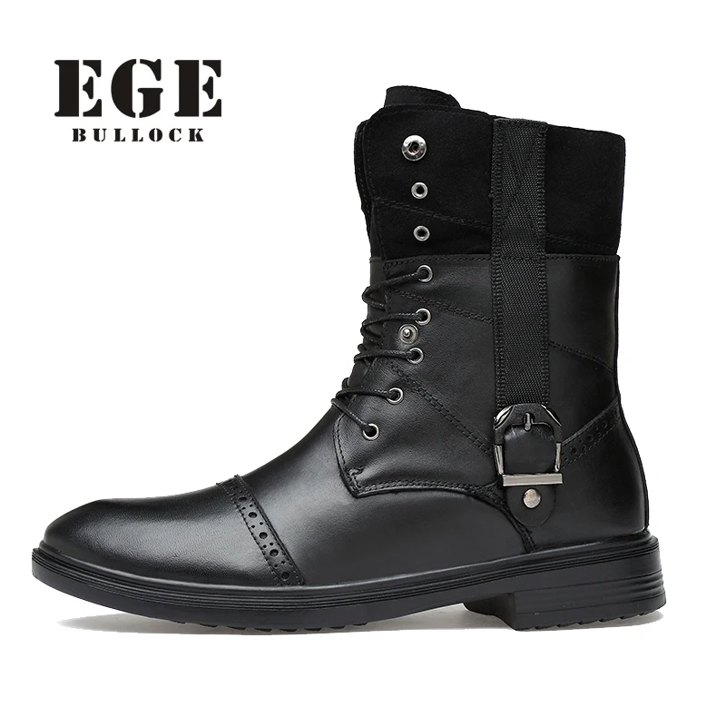 

EGE Brand Handmade Genuine Leather High Quality Winter Fur Keep Warm Men Boots Round Toe Mid-Calf Lace-Up Solid Boots For Men