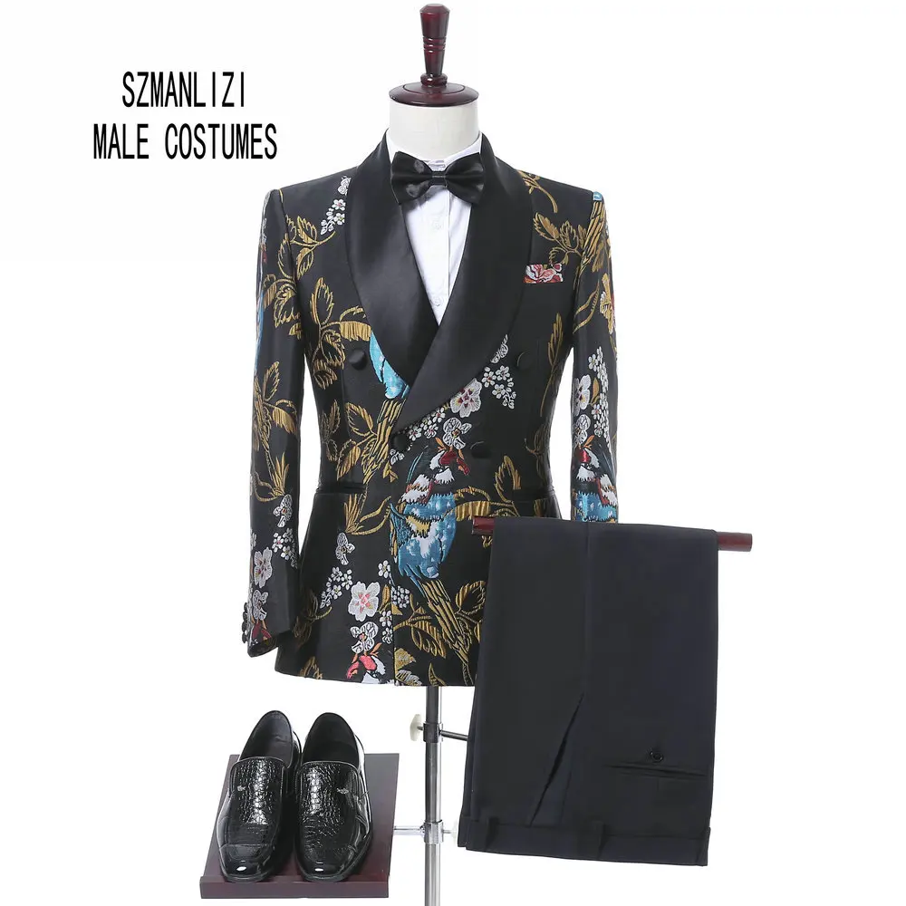 

2018 New Elegant Brand Wedding Mens Suit Flower Double Breasted Suit For Men Slim Fit Groom Tuxedo Blazer Costume Homme Mariage