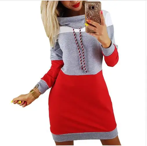 

2018 Autumn Casual Sweatshirts Dress Women Long Sleeve Black Red Patchwork Sweater Mini Hoodies Dresses Female Pullover