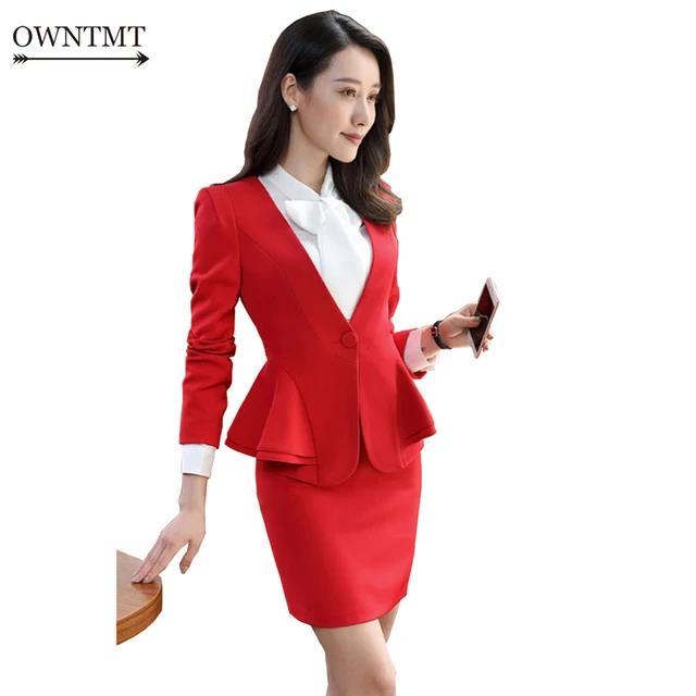 Women Red Suit 2018 Women Slim Skirt Suit Female Elegant Business