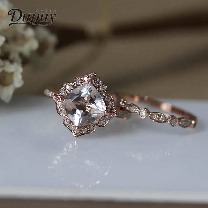 DUPUY 7mm Cushion Cut Classic Engagement Ring Half Eternity Pave Setting Wedding 2PCS 14K Rose Gold Bride Suit D180377 | Украшения и