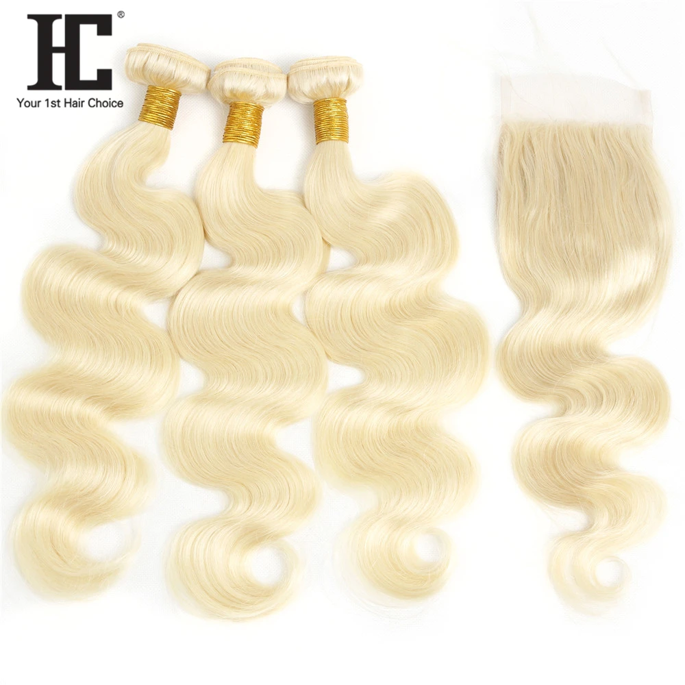 

HC 613 Blonde Bundles With Closure Brazilian Body Wave 100% Remy Human Hair Weave 613 Bundles With Transparent HD Lace Closure