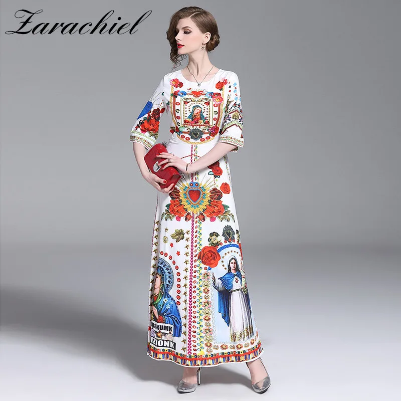 

High Quality Fashion Designer Maxi Dress 2019 Summer Women Half Sleeve Heart Flower Print Luxury Casual Retro Elegant Long Dress
