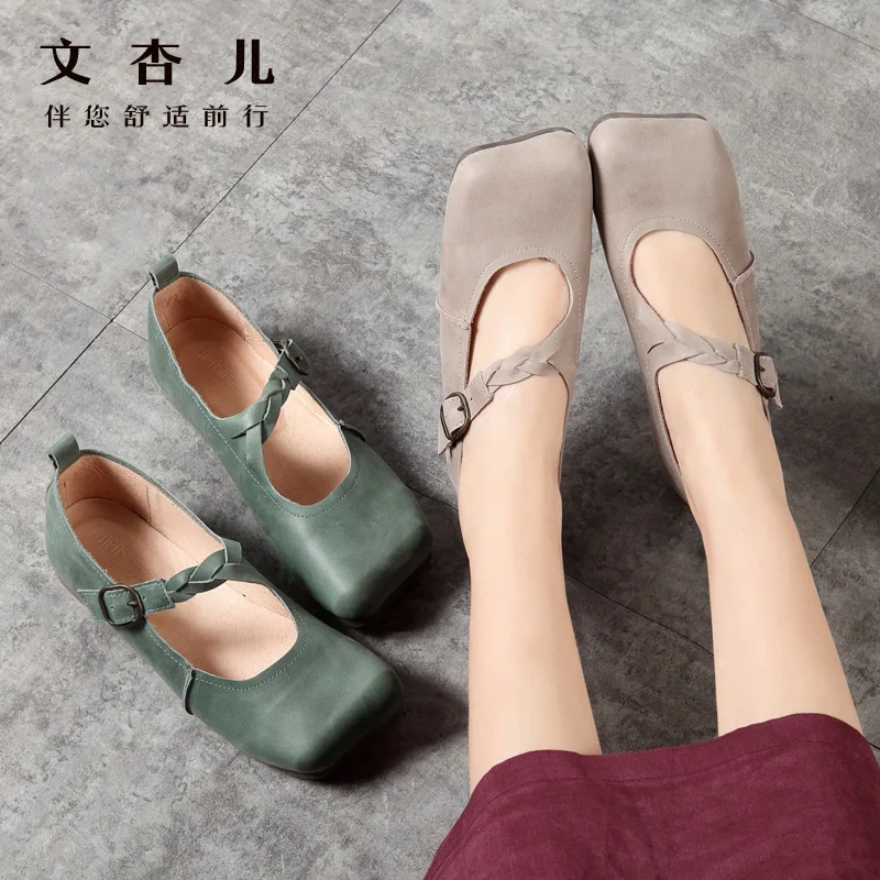

Women's Vulcanize Shoes Buckle Strap Buckle Color stitching Woman Genuine Leather Flats office Women's Female Moccasins Shoe