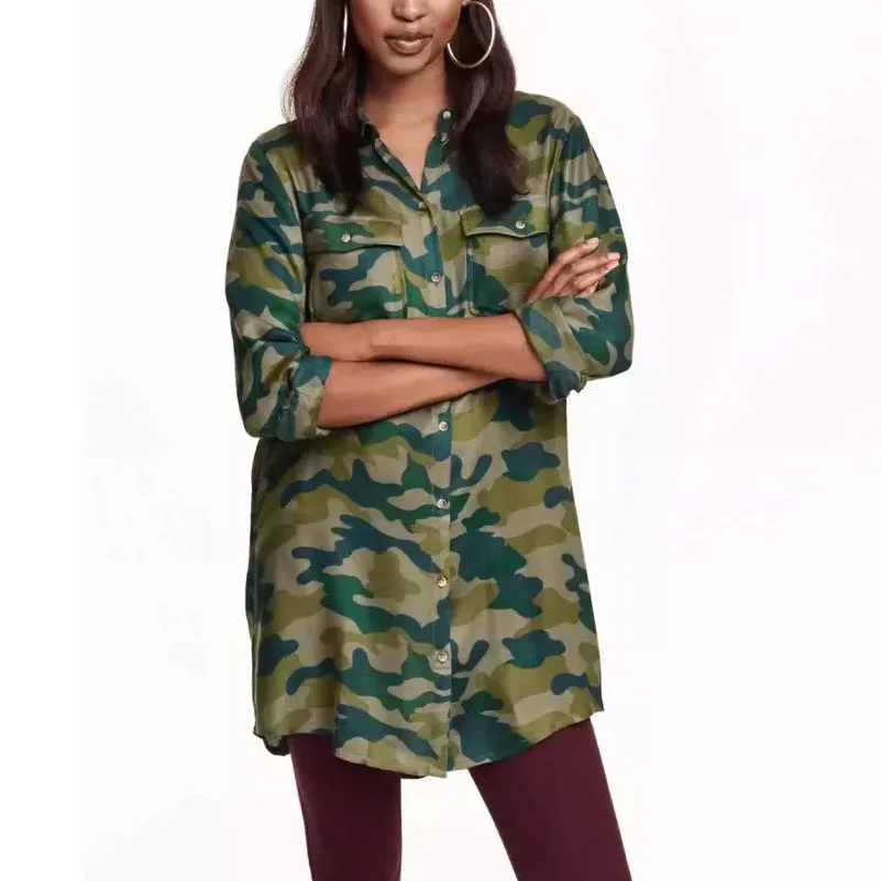 Nice Fashion Print Women Blouses Pockets Female Loose Shirts Casual