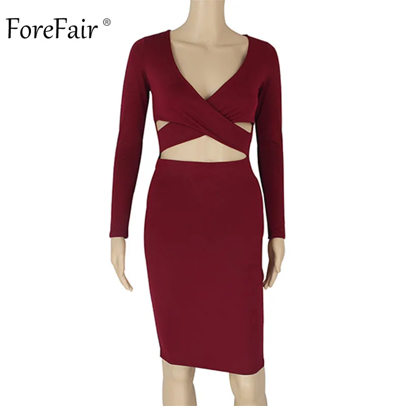 ForeFair с длинным рукавом Bodycon Midi Бандажное платье для женщин хлопок эластичные элегантные сексуальные платья белый черный красный Женское зимнее платье - Цвет: Burgundy Dress