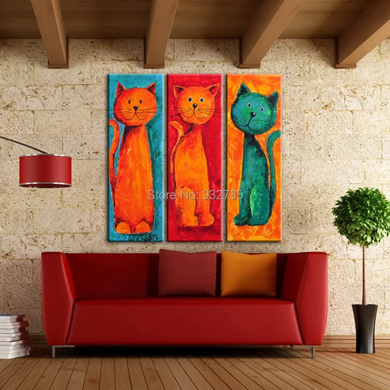 Cartoon-Animal-Cats-Oil-Painting-Large-Wall-Picture-Group-Canvas-Art-Home-Decoration-Set-of-3