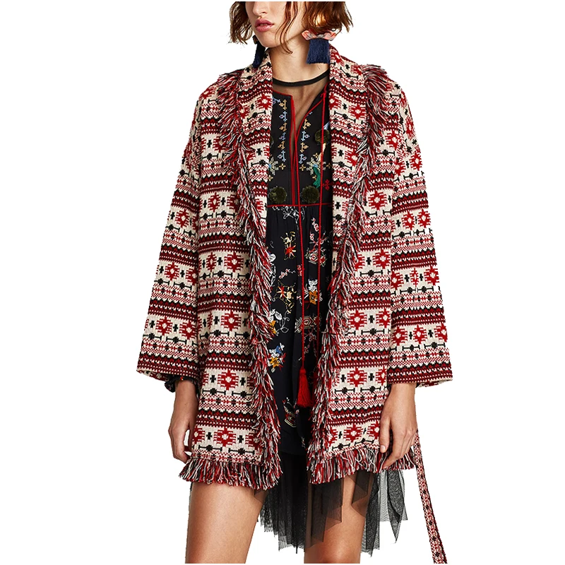 NYMPH Women's New Ethnic Jarquard Cardigan Winter Warm Thick Geometric Pattern Comfy Tassels Cardigans 2017 Sweater Coat |