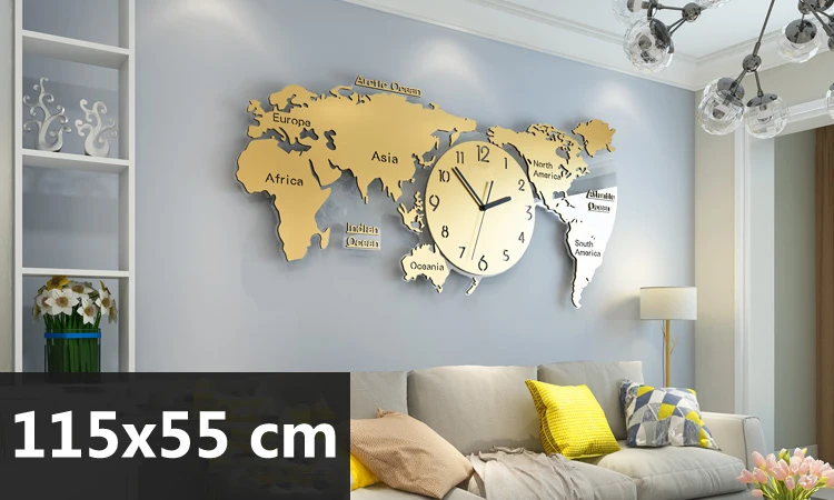 Большая карта мира настенные часы современный дизайн гостиная фон 3D акриловые наклейки металлические часы настенные часы домашний декор 115x55 см
