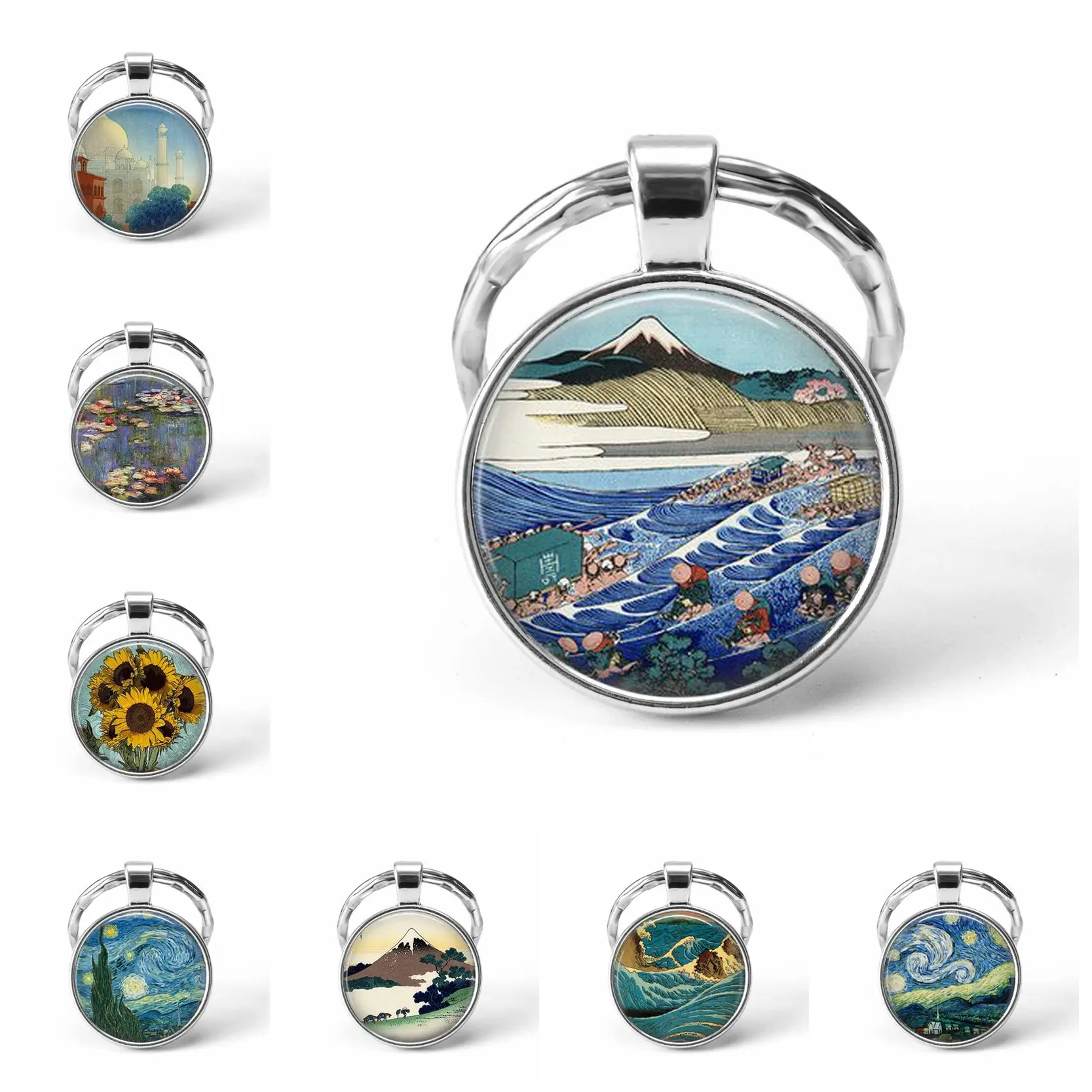 

Art Van Gogh Monet Oil Painting Pattern Key Chain Glass Pendant Car Key Ring Handmade Fashion Jewelry Best Gift For Women Men
