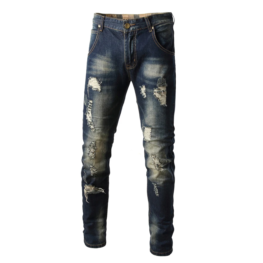 Fashion Streetwear Men Jeans Retro Washed Destroyed Ripped Jeans Men Punk Pants Slim Fit Hip Hop Jeans Distressed Trousers
