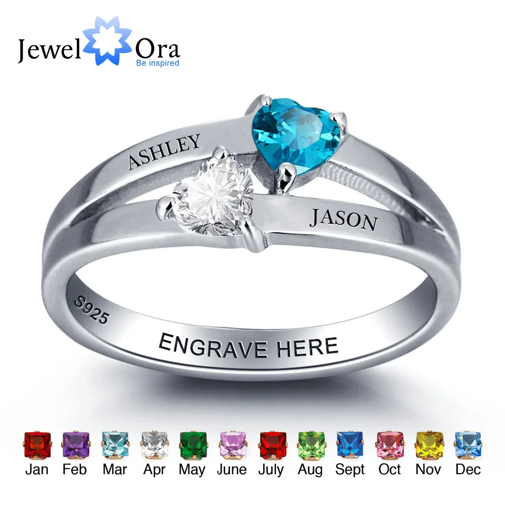 Персонализированные кольцо c Двойной сердцу и каменями, соответствующий месяцу своего рождения, выгравированный имя кольцо, меморативные ювелирные изделия, уникальный подарок Годовщини(JewelOra RI101976