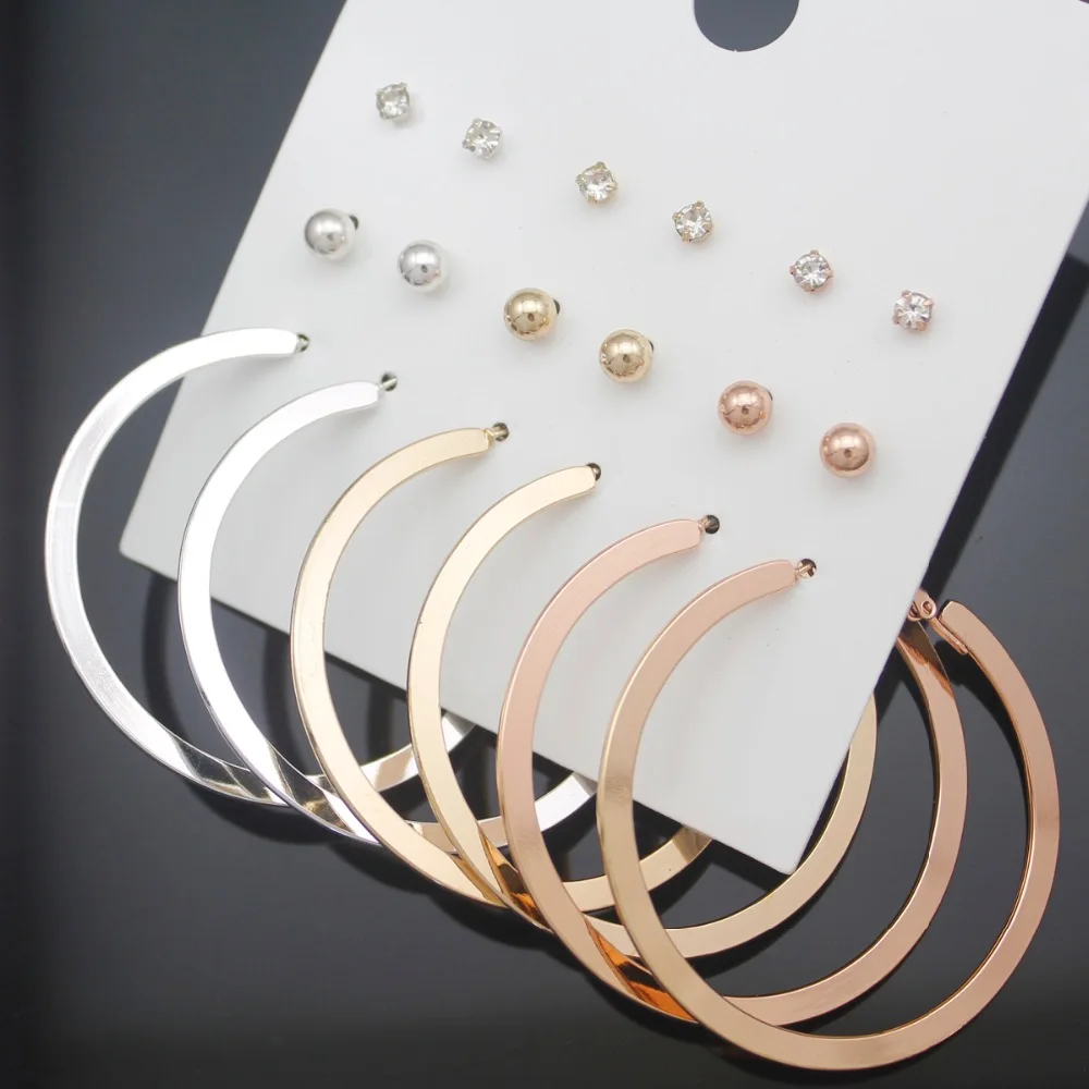 

Pack 9 Big Flat Hoop Dot Crystal Large Circle Creole Sound Hindu Sanskrit 3 Colors Gypsy Earrings Women Oorbellen Orecchini