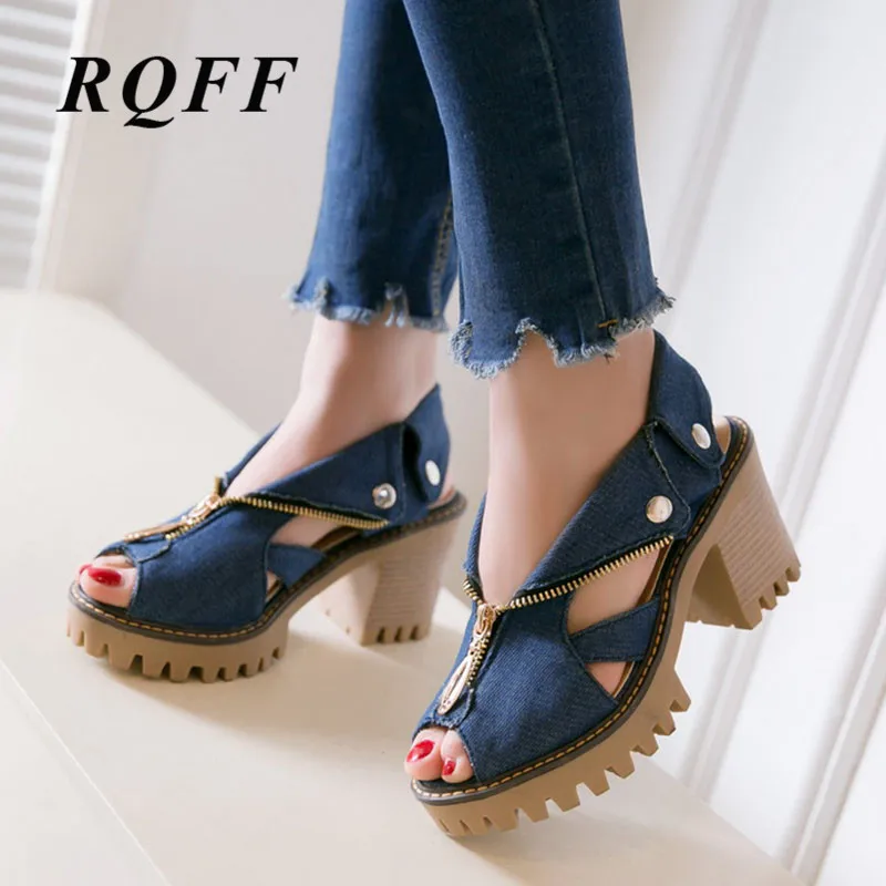

Women Sandals High Heels Square Heel Summer Shoes Casual Denim Woman Zipper Gladiator Big Size 43 Ladies Platforms By RQFF