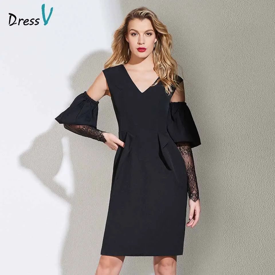 Черное коктейльное платье Dressv элегантное с треугольным вырезом и длинными