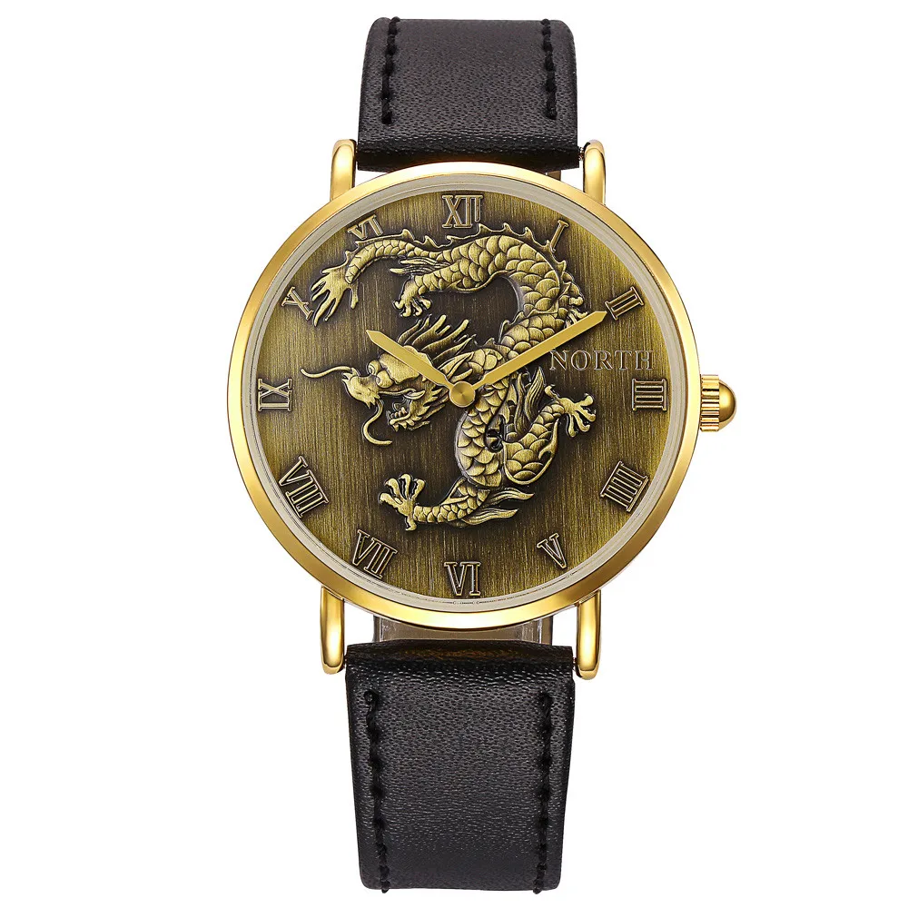 

Fashion Mens Watches Quartz Wrist Watch Stainless steel Dial Leather Band Watch Dragon Pattern Cool Life Waterproof Men Watch