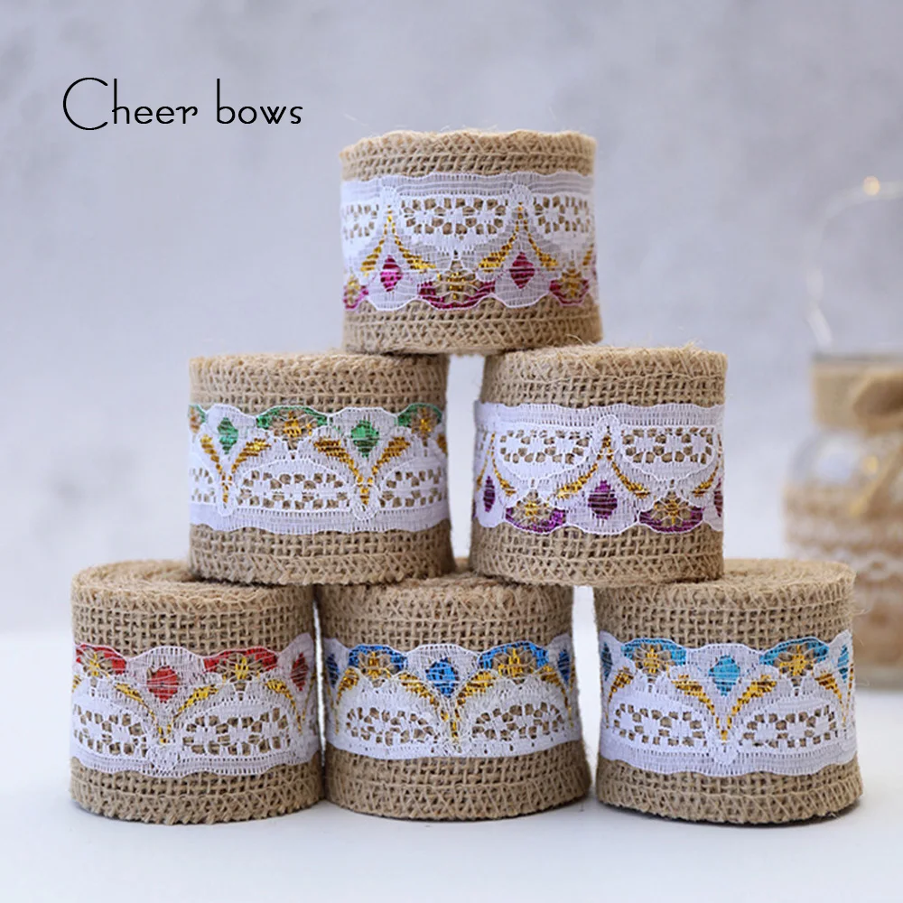 

50mm Hemp Ribbon With Colorful Lace Jute Ribbon Handmade Decoration DIY Gift Wrapping Costume Crafts Materials 2m/roll