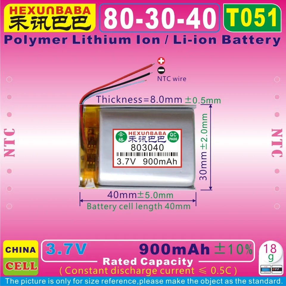 

2pcs [T051] 3.7V 900mAh [803040] NTC;THREE 3 WIRE;Rechargeable Polymer lithium ion / Li-ion battery for MP3,cell phone,GPS,mp4