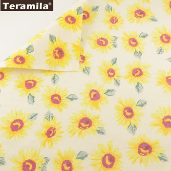 

TERAMILA Home Textile Linen Fabric Sewing Material Tissu Tablecloth Pillow Bag Curtain Cushion Pillow Zakka Print Sunflowers