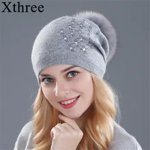 Xthree, женская зимняя шапка, кроличий мех, шерсть, вязаная шапка, блестящие стразы, женские шапки из норки, для женщин, шапочки