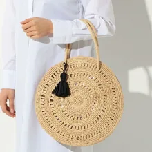 Женская свежая сумочка Винтажная ручная плетёная ротанговая круглая сумочка соломенная сумка вязанная сумка-мессенджер большие сумки для женщин с кисточками