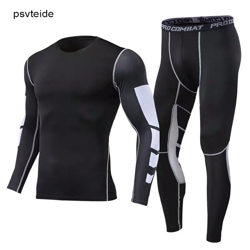 

psvteide Running Clothes Mens Tracksuit 2 Pieces Sets Sportswear Man Rashguard Mens Compression Clothing Tights Men Stitch Mesh