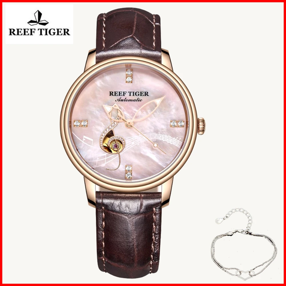 

2019 Reef Tiger Brand Luxury Fashion Automatic Mechanical Diver Ladies Watches Waterproof diamond Gold watch gifts for women