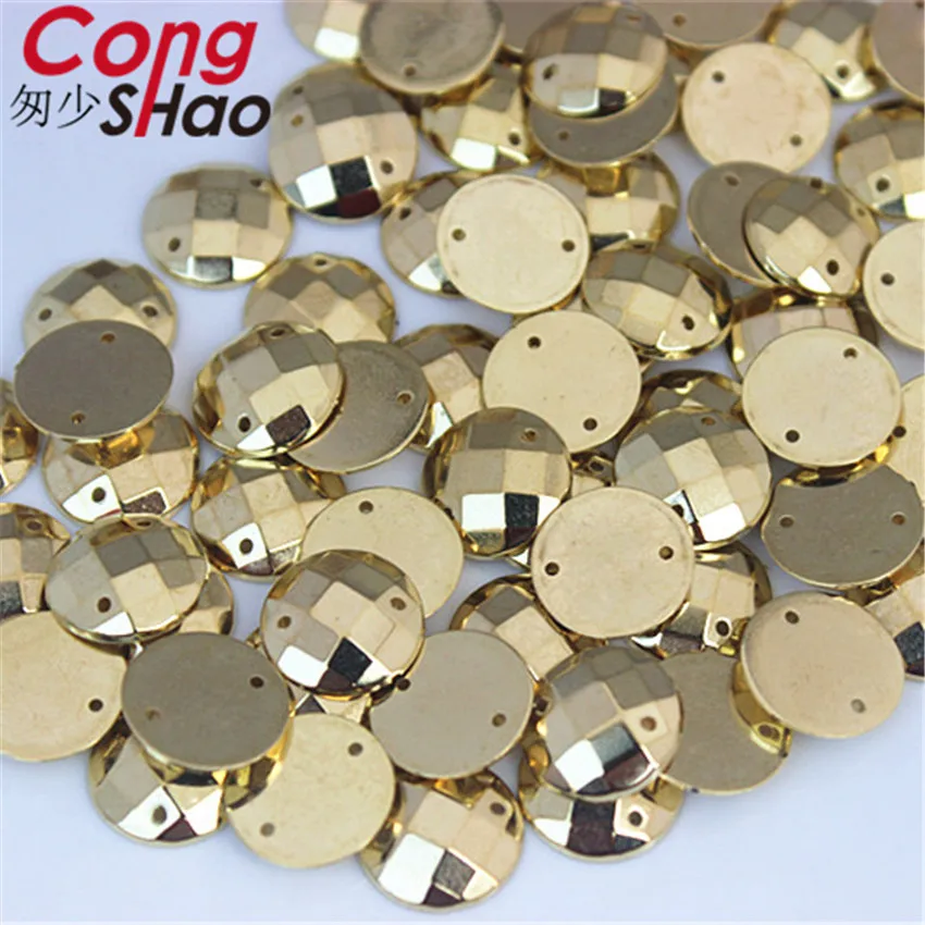 

Cong Shao 200Pcs 14mm Gold Color Round flatback Acrylic Rhinestone stones and crystals sewing 2 Hole Wedding Dress Button CS225X