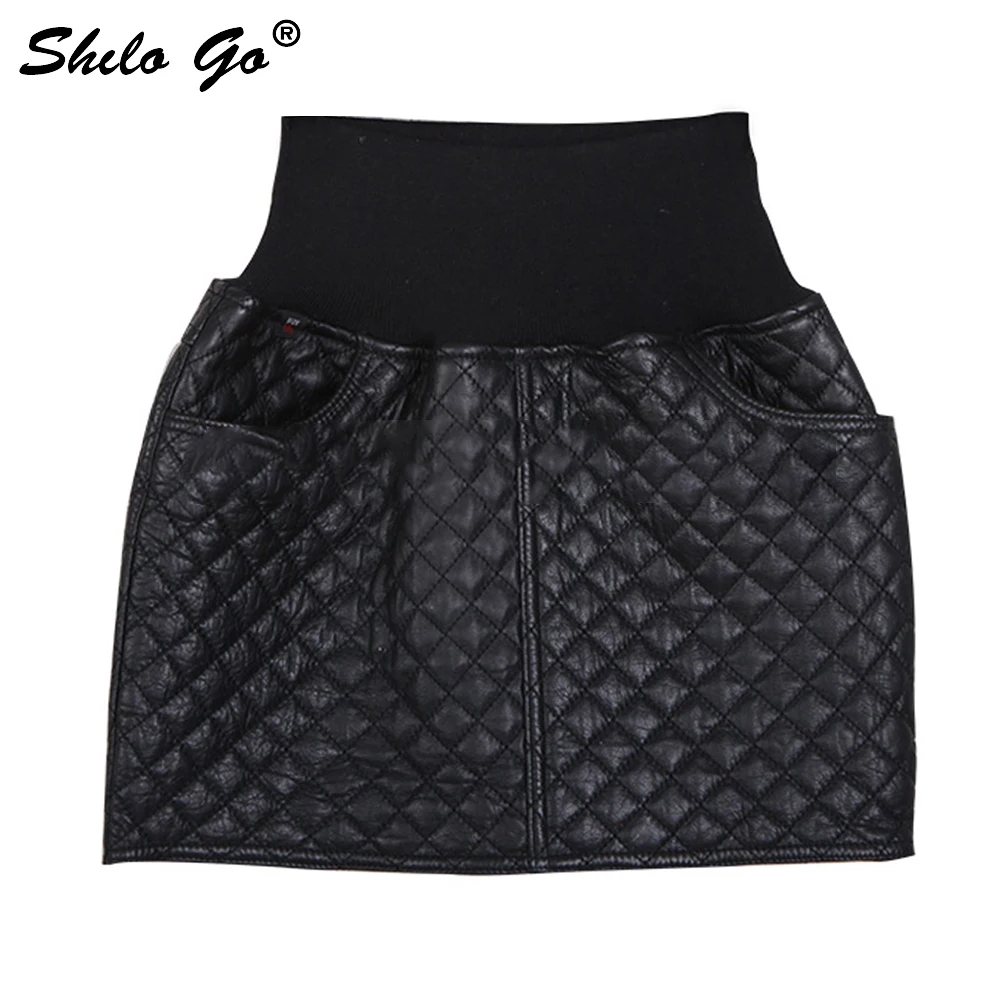 

6XL Autumn winter fashion fashion women high quality Lingge sheepskin high waist elastic waist wild leather pencil skirt
