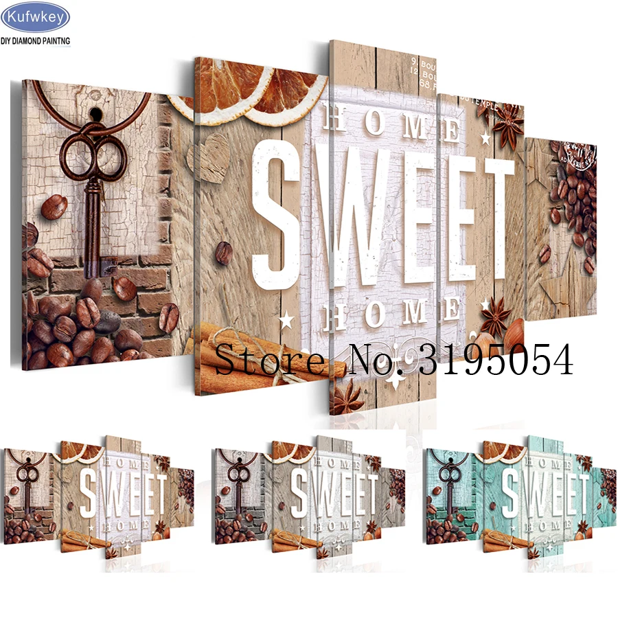 

2018 new DIY Diamond Painting Cross Stitch Kits Full Diamond Embroidery 5D Diamond Mosaic Home Decor Home Sweet home coffee 5pcs