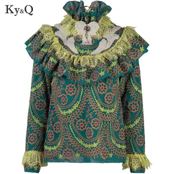 

Runway Designer Vintage Green Ruffles Blouses Shirt Women Summer Autumn Embroidery Long Sleeve Lace Print Female Chiffon Clothes