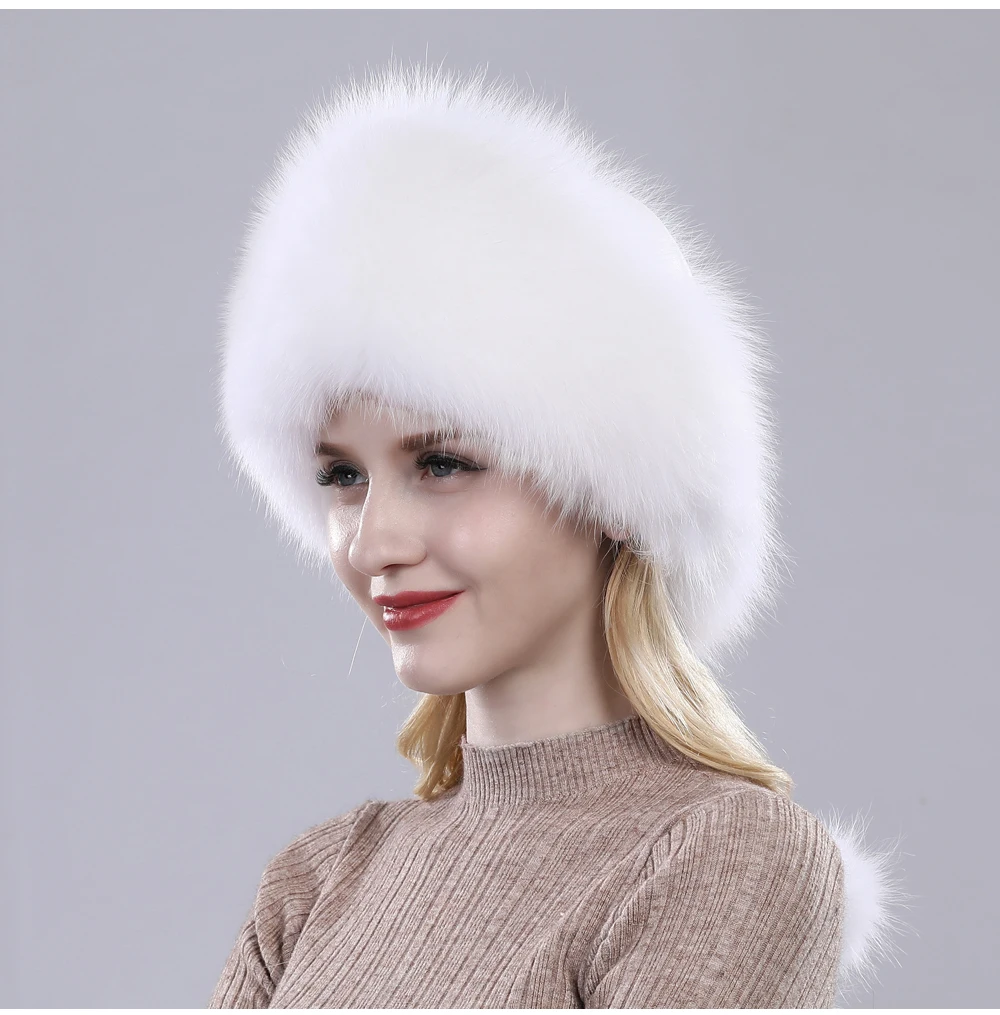 Russian Winter Natural Fox Fur Hat Warm Soft Fluffy Real Fox Fur Bomber Hats Luxurious Women Quality Handmade Real Fox Caps