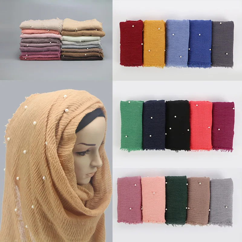 

Tnine Womens Muslim Pearl Hijab Scarf Solid Cotton Viscose Bubble Wrinkle Scarf Women Head Wrap Foulard Pashmina Muslim Hijabs