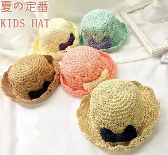 

Japanese hand-woven straw hat spring and summer children's princess bow hat foldable girls crochet hat tide