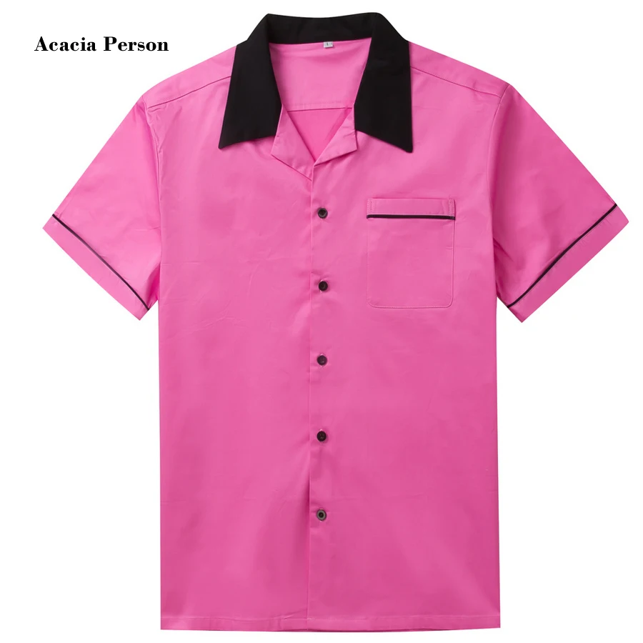 Online Western American Cotton Men Shirt Pink Blue Brown Hip Hop Designer Vintage Party Club Rockabilly Mens Blouse