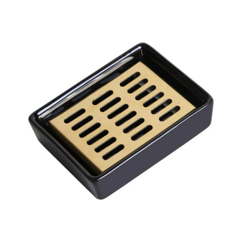 

304 stainless steel soap box black ceramic base soap dish creative double drain bathroom soap dish tray