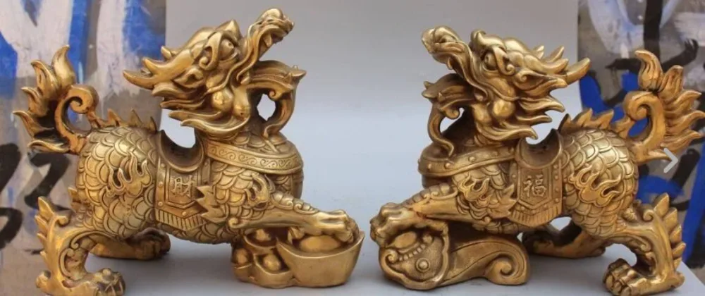 

zhaomeirui8++14" China Bronze Wealth Yuanbao Phylactery Kylin Chi-lin Unicorn Kiri Ruyi Pair statue