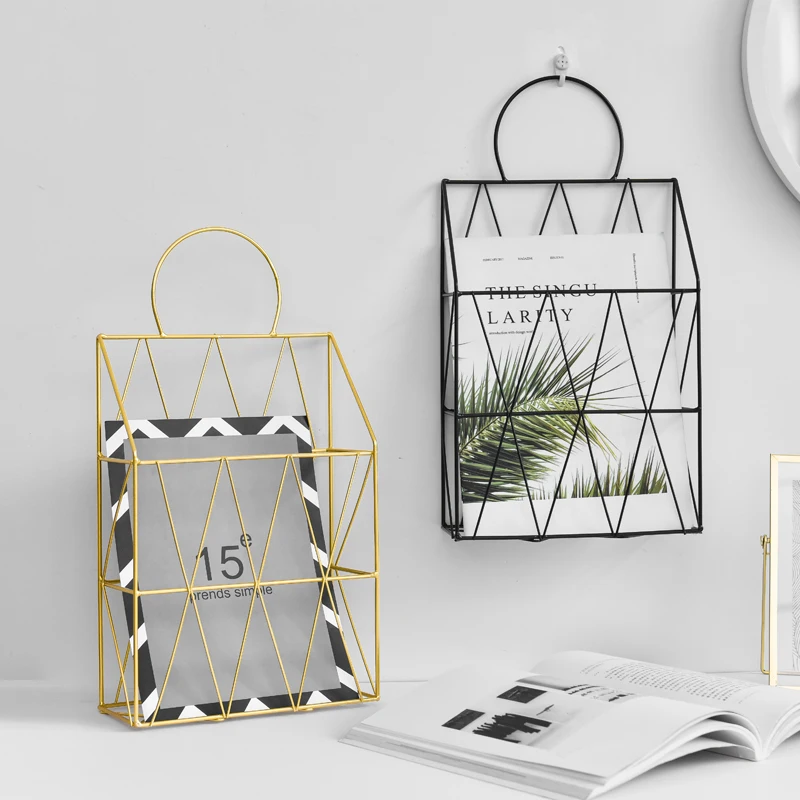

Noridc style Gold Iron Art Geometric Design Storage Basket Wall Hanging Box For Magazine Snacks Home Orangeizer Decor Accessory