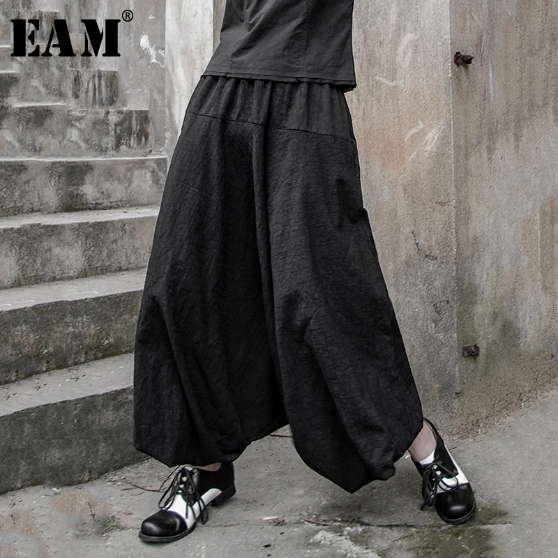 

[EAM] 2019 New Autumn Winter High Elastic Waist Black Line Split Joint Loose Wide Leg Pants Women Trousers Fashion Tide JX109