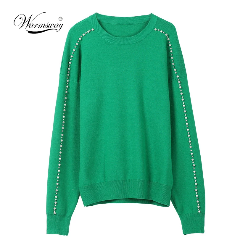 Pearl diamond Beading O Neck Loose Sweater Women Pullovers Casual Solid faux rabbit Knit Jumper soft warm pull femme C-205