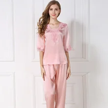 Женские пижамные комплекты женские модные брендовые кружевные с коротким рукавом розовые Шелковые летние длинные штаны пижамный комплект для отдыха