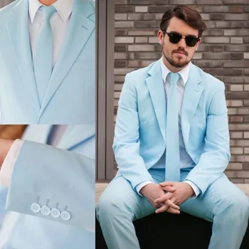 

2019 Light Blue 2 Pieces Slim Fit Best Man Tuxedo Formal Groomsman Wedding Prom Suit
