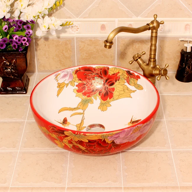 Europe Vintage Style Ceramic Art Basin Sinks Counter Top Wash Basin Bathroom Vessel Sinks vanities ceramic wash bowls peony (5)