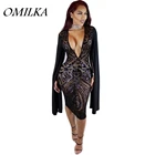 Save 3.52 on OMILKA Sexy Club Dress 2017 Women Long Sleeve Cloak Cape Bodycon Sequin Dress Sexy Black Deep V Neck Party Club Sequined Dress